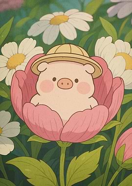 Piglet in Flower Cartoon Illustration