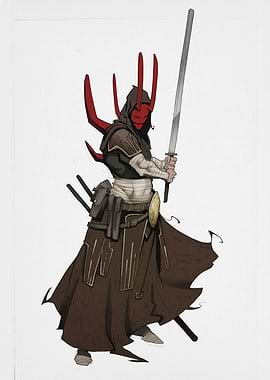 Hooded Warrior with Red Mask and Sword