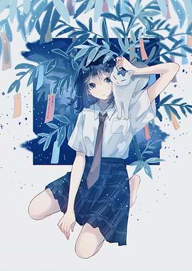 Anime Girl with Cat and Tanabata