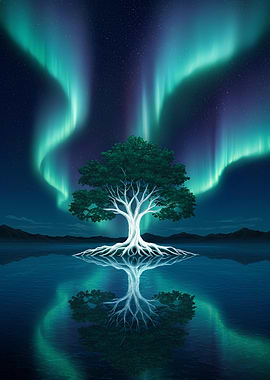 Aurora Borealis Tree Reflection