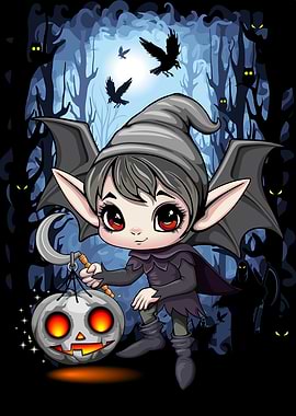 Cute Halloween Bat-Winged Elf with Pumpkin