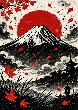 Mount Fuji with Maple Leaves