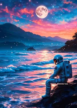 Astronaut on a Beach at Sunset