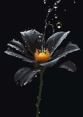 Black Flower with Water Droplets
