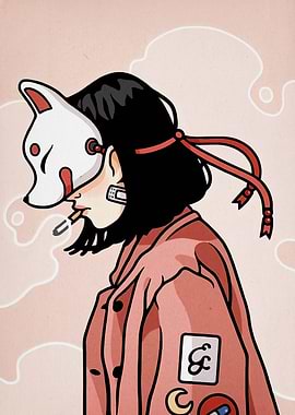 Girl with Fox Mask Smoking Cigarette