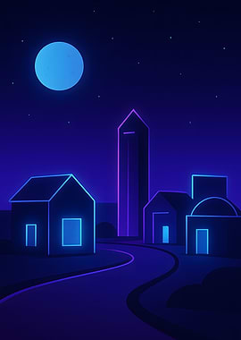 Neon Nightscape with Buildings and Moon