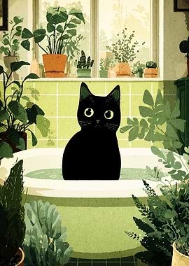 Black Cat in a Green Bathroom