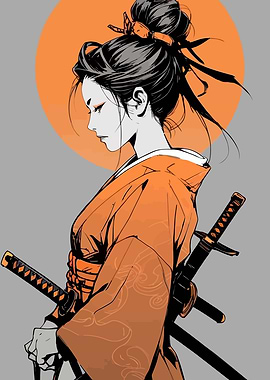 Samurai Woman with Swords and Kimono