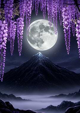 Mountain, Moon, and Wisteria