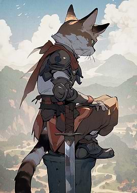 Anthropomorphic Cat Warrior on Mountain Peak