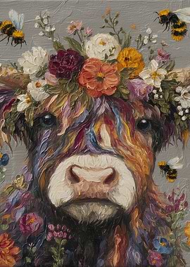 Floral Highland Cow Painting with Bees