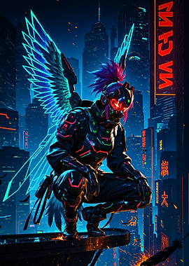 Cyberpunk Angel Warrior in Futuristic City