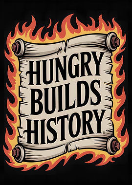 Hungry Builds History Scroll with Flames