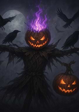 Halloween Scarecrow with Flaming Pumpkin Head