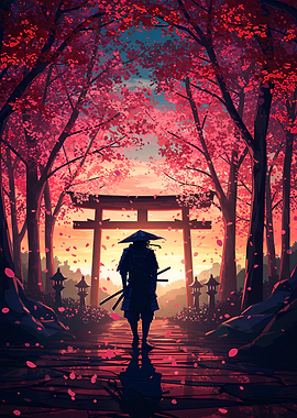 Samurai in Cherry Blossom Path