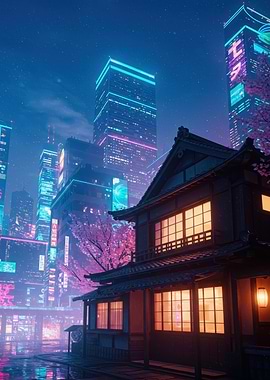 Cyberpunk Japanese House with Neon Cityscape