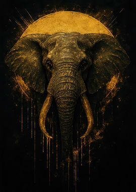 Golden Elephant Portrait on Black Background