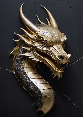Golden Dragon Head Sculpture on Dark Background