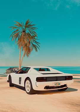 White Ferrari Testarossa on a beach