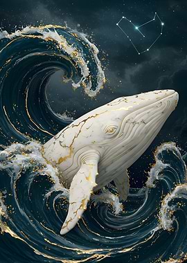 Whale in Ocean Waves with Constellation