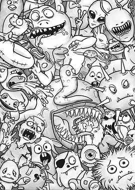 Monochrome Monster Mash Doodle Art