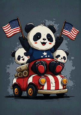 Patriotic Pandas in Car with Flags