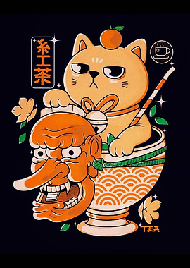 Cat with Tengu Mask in Tea Cup