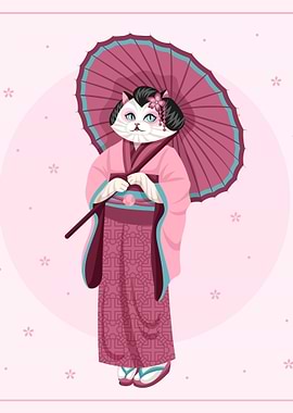 Cat Geisha with Umbrella Illustration