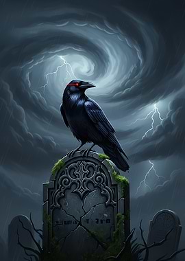 Raven on Gothic Gravestone in Storm