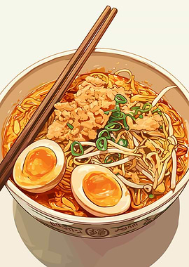 Bowl of Ramen with Eggs and Chopsticks