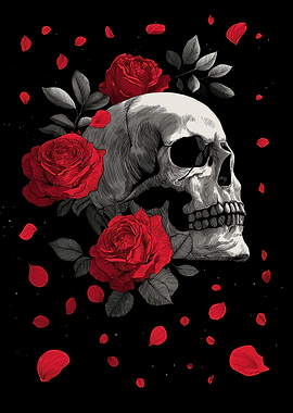 Skull and Roses on Black Background