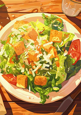 Fresh Caesar Salad on Wooden Table