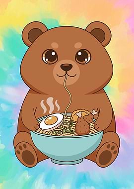 Cute Bear Eating Ramen Illustration