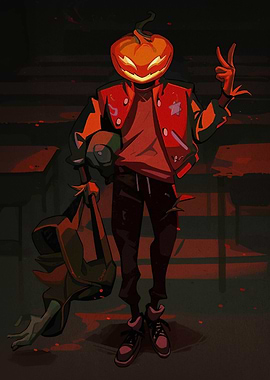 Pumpkin Head Character with Peace Sign
