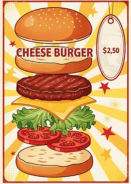 Cheeseburger Explosion Retro Food Poster