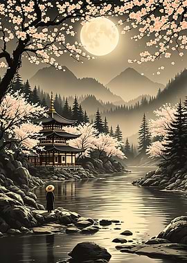 Moonlit Japan Sakura Landscape Poster