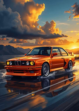 Orange BMW E30 at Sunset