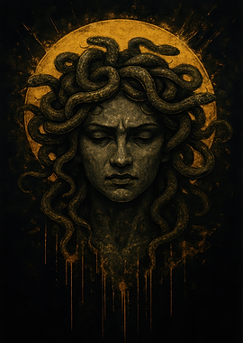 Medusa Portrait with Snakes and Golden Halo