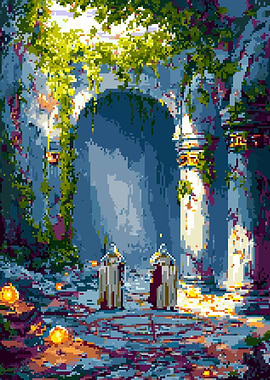 Pixel Art: Monks in Ancient Ruins