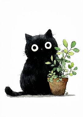 Black Cat with Plant Watercolor Illustration
