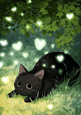 Black Cat in Heart-Lit Meadow