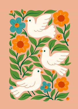 Doves and Flowers Illustration