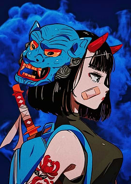 Anime Girl with Oni Mask and Sword