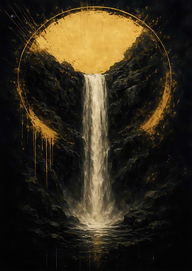 Golden Waterfall in Dark Landscape