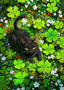 Black Cat in Clover Field