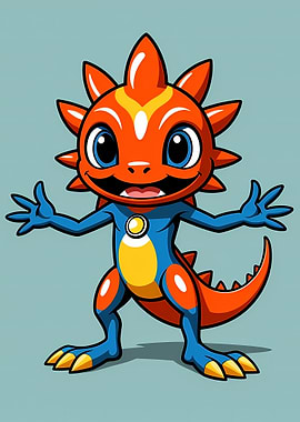 Cute Orange-Blue Lizard Mascot — Spiky Cartoon Character with Big Eyes