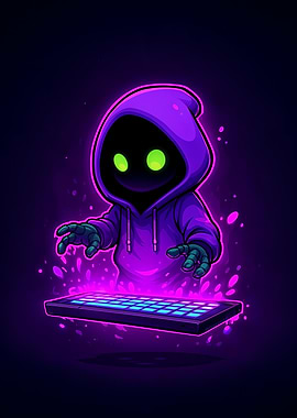 Hooded Figure with Glowing Keyboard