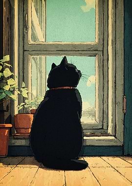 Black Cat Gazing Out Window