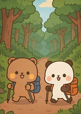 Cartoon Bears Hiking Forest