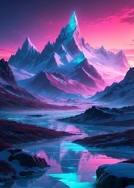 Neon Mountain Landscape with River